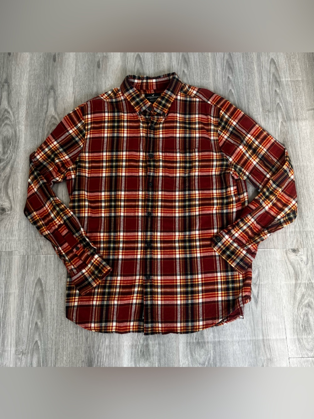 American Eagle Outfitters Cotton Red Orange Plaid Button-Up Shirt